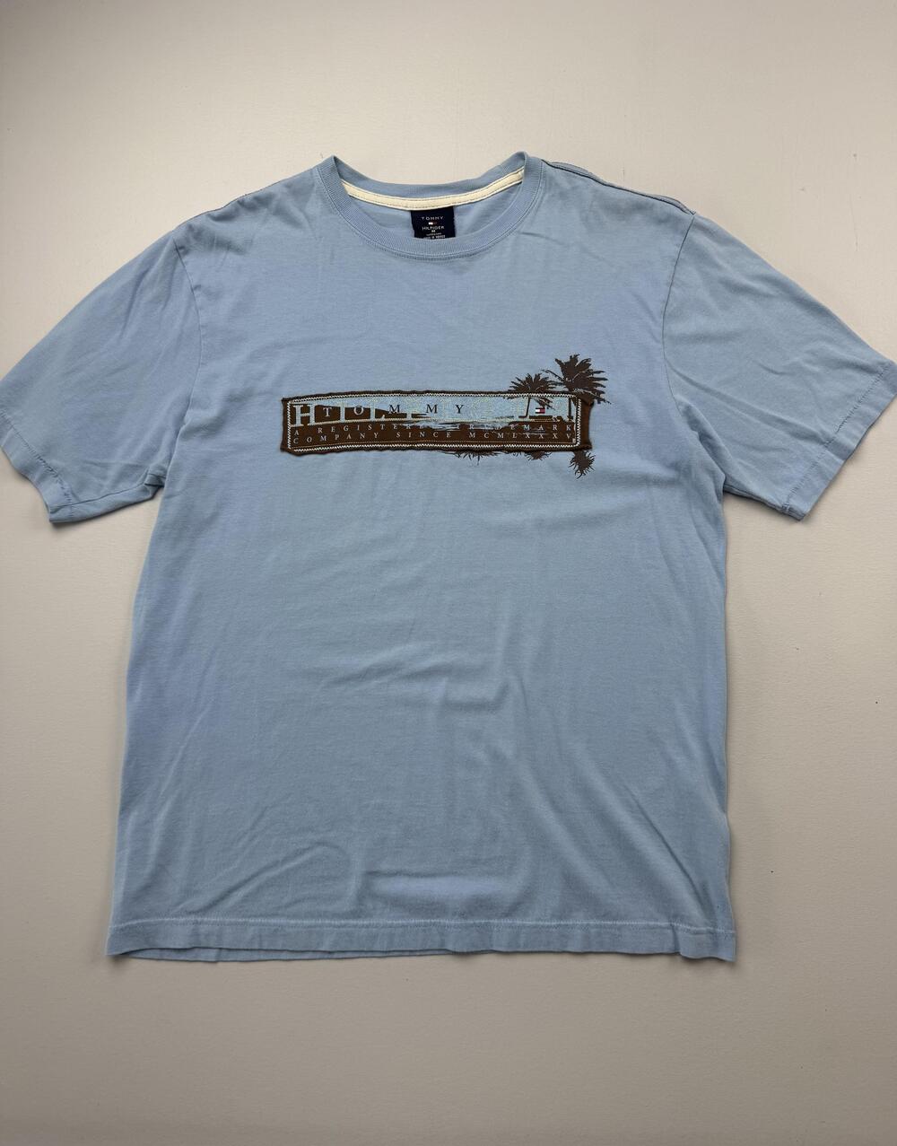Tommy Hilfiger Shirt Mens Medium Blue Palm Tree Logo Graphic Tee Tropical Beach